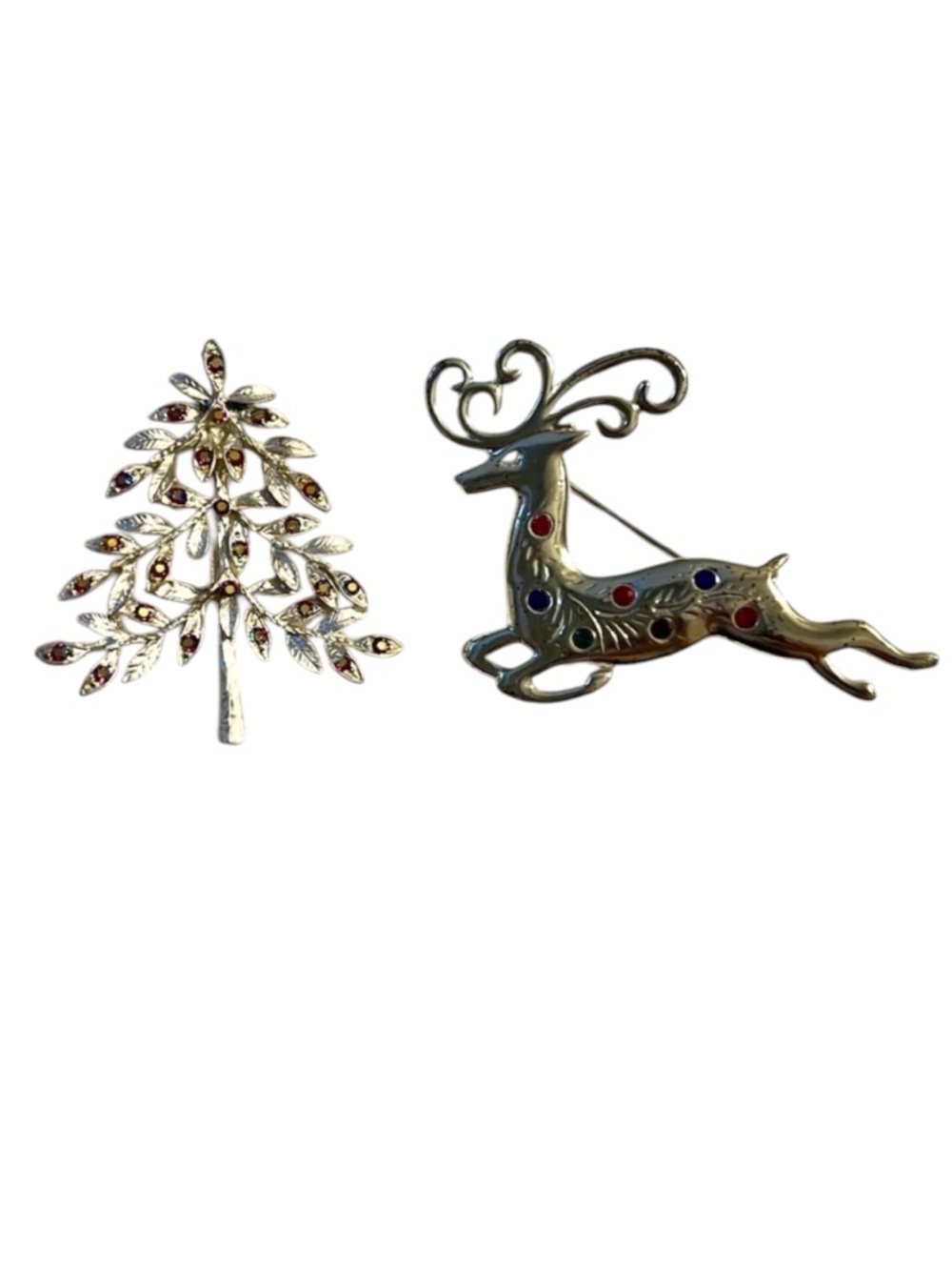 Vintage Silver Pink Crystal Christmas Tree & Reindeer brooches